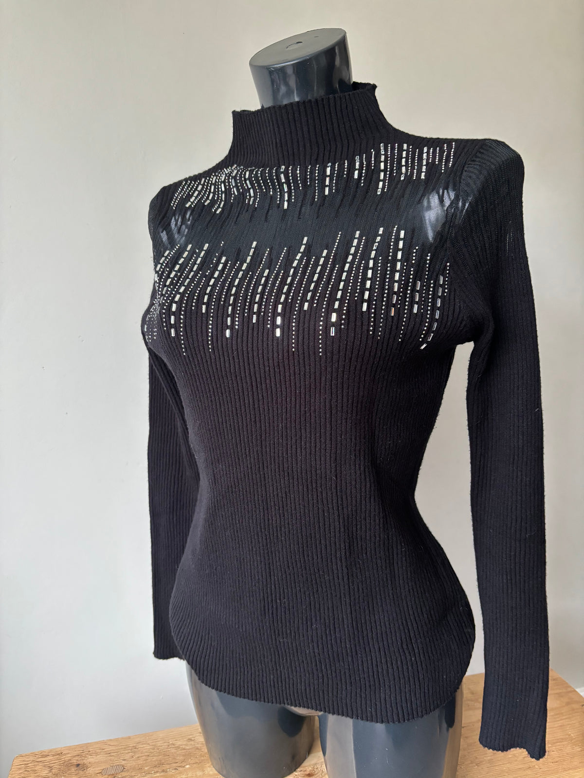 Black Knitted Diamante High Neck Jumper by Quiz Size 16