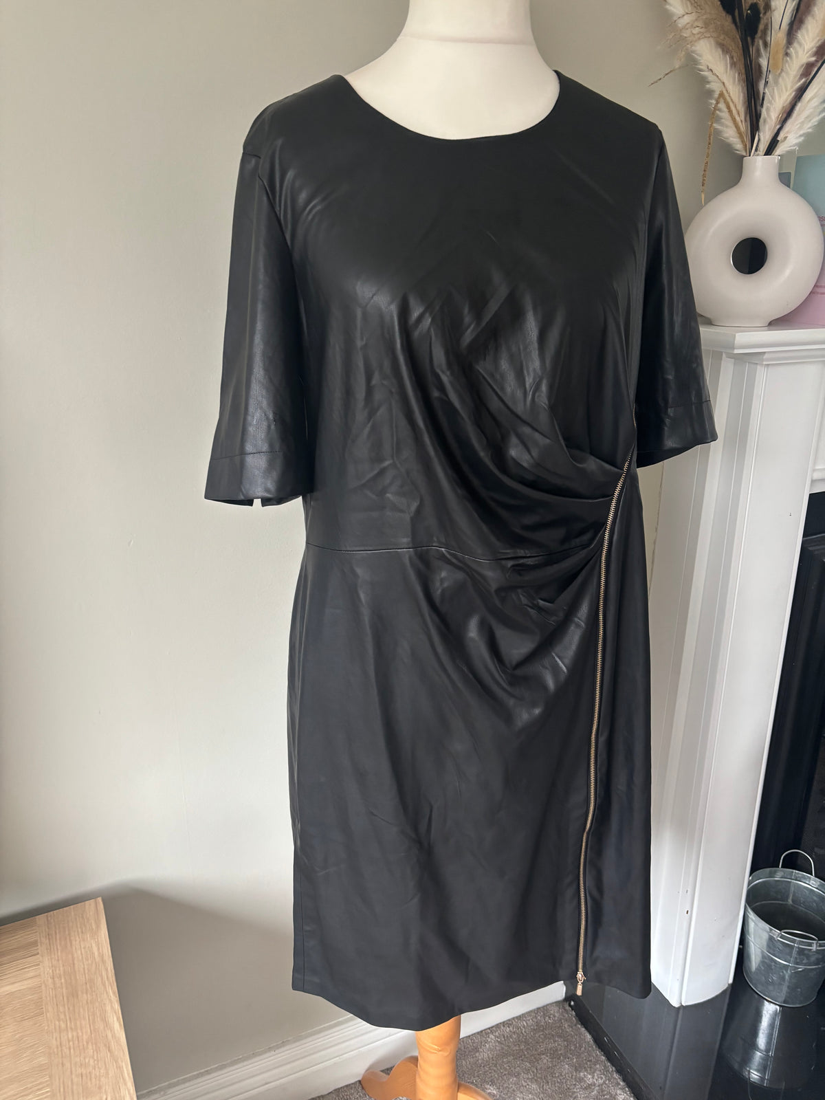 Black Faux Leather Zip Dress by Freemans size 20