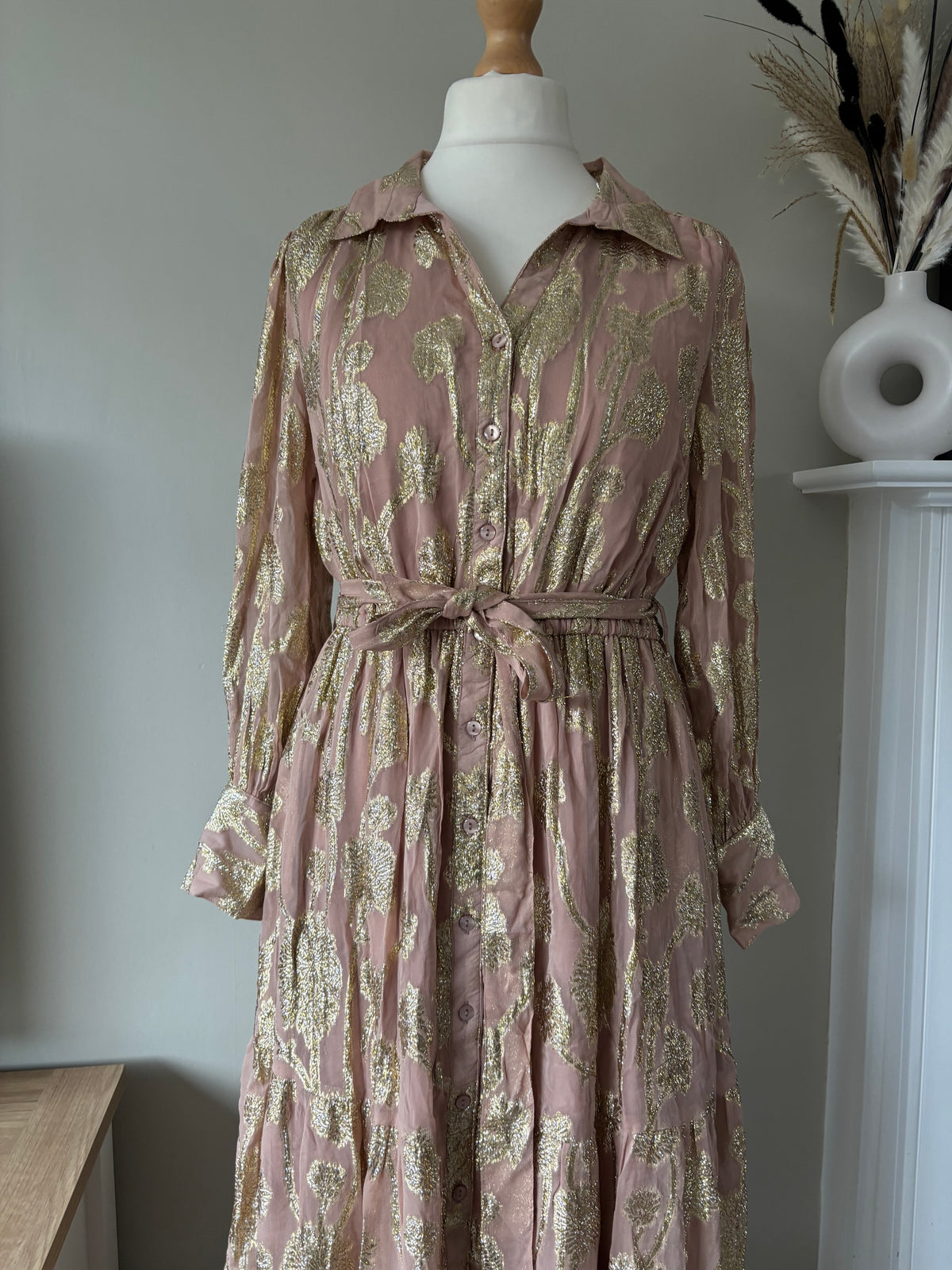 Gold Jacquard Maxi Shirt Dress By Together  size 14