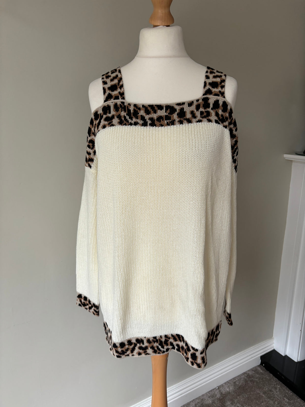 Cream leopard print detail jumper off shoulder by Bonprix Size 14