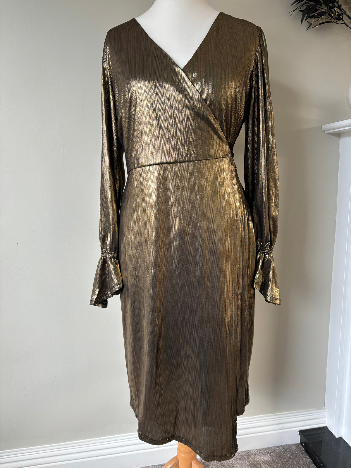 Gold Metallic Wrap Midi Dress With Stretch by Star ByJulien Macdonald Size 16