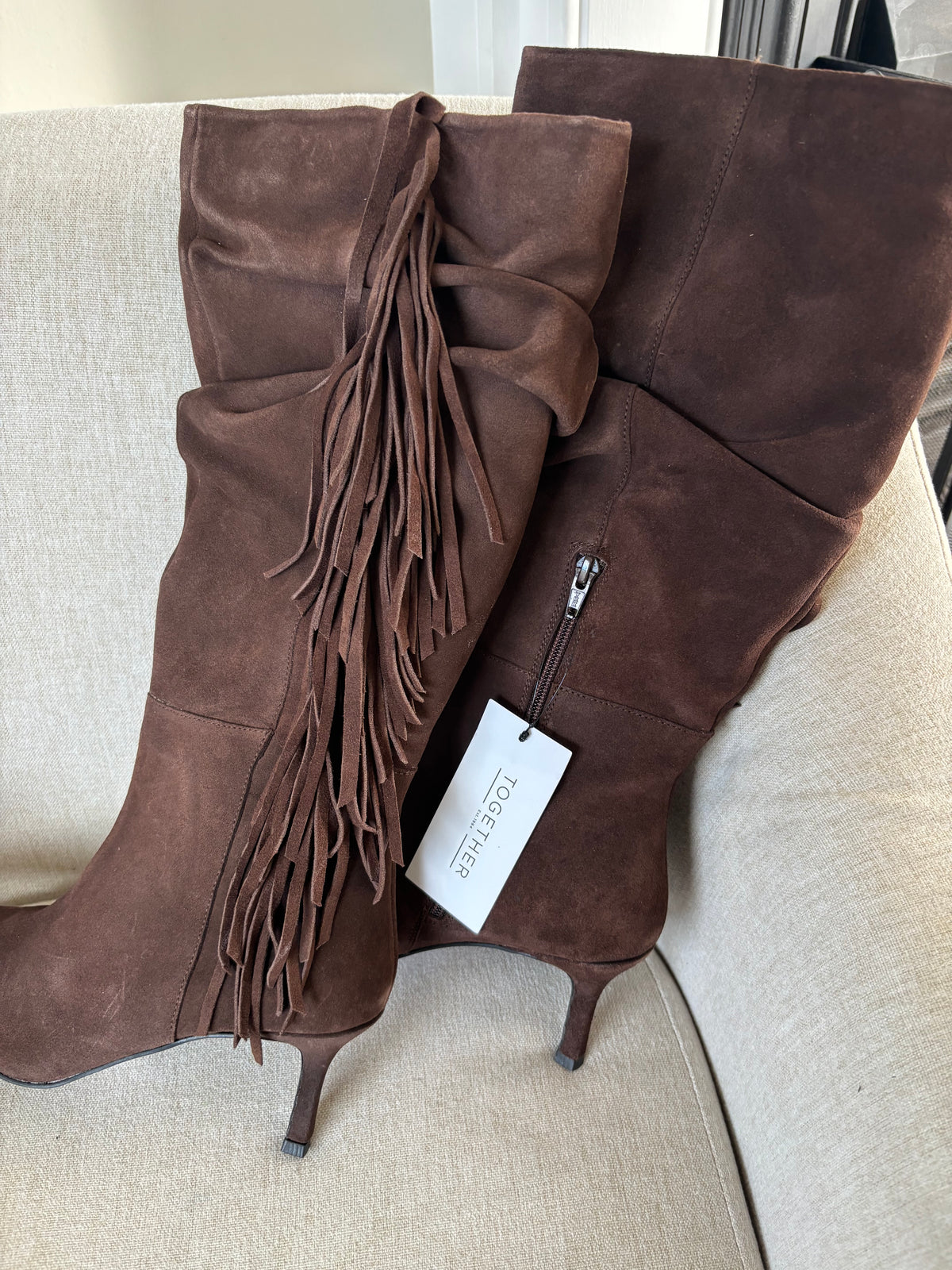 Chocolate Fringe Trim Suede Knee Boots by Together Size 7