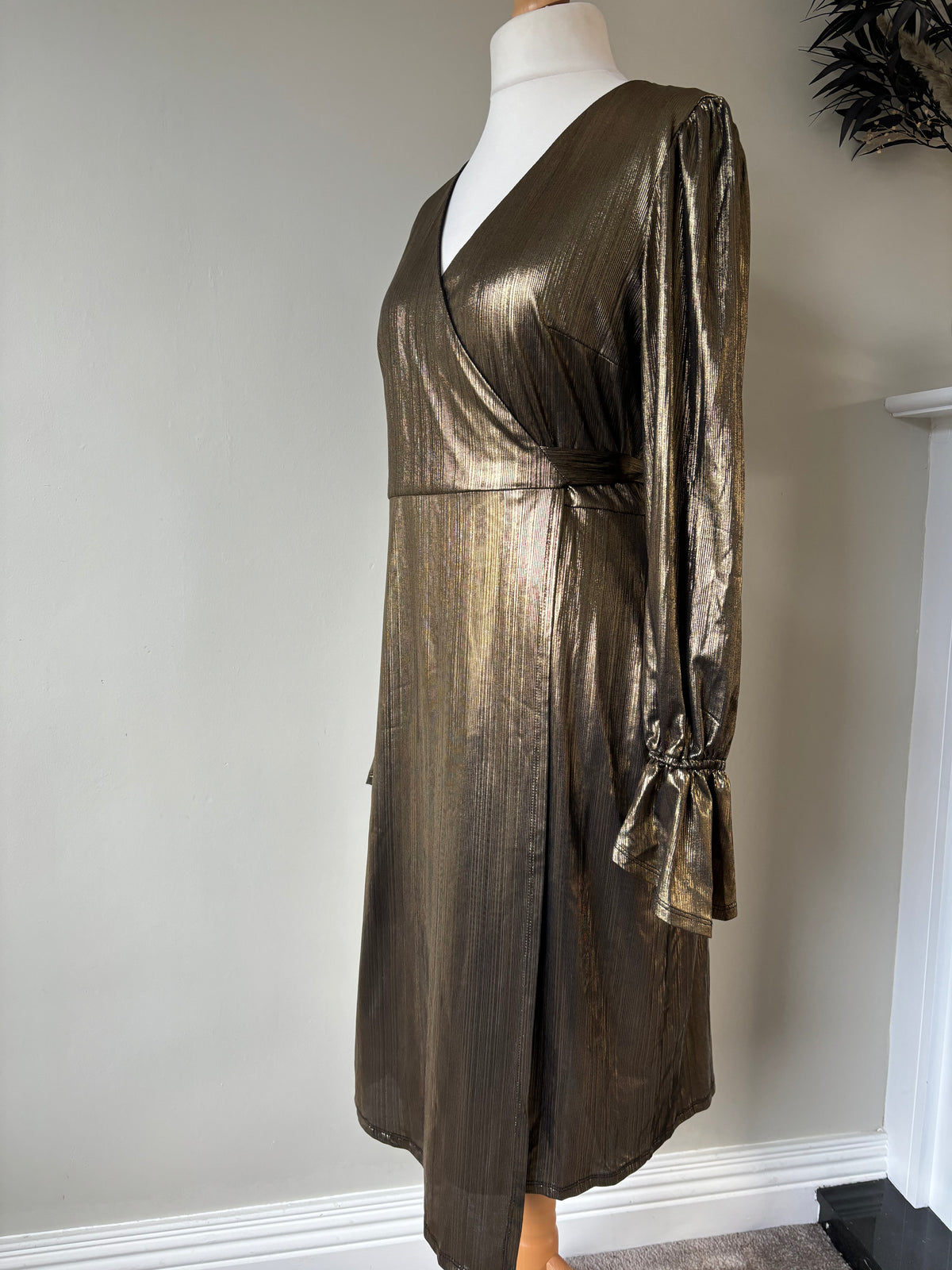 Gold Metallic Wrap Midi Dress With Stretch by Star ByJulien Macdonald Size 16