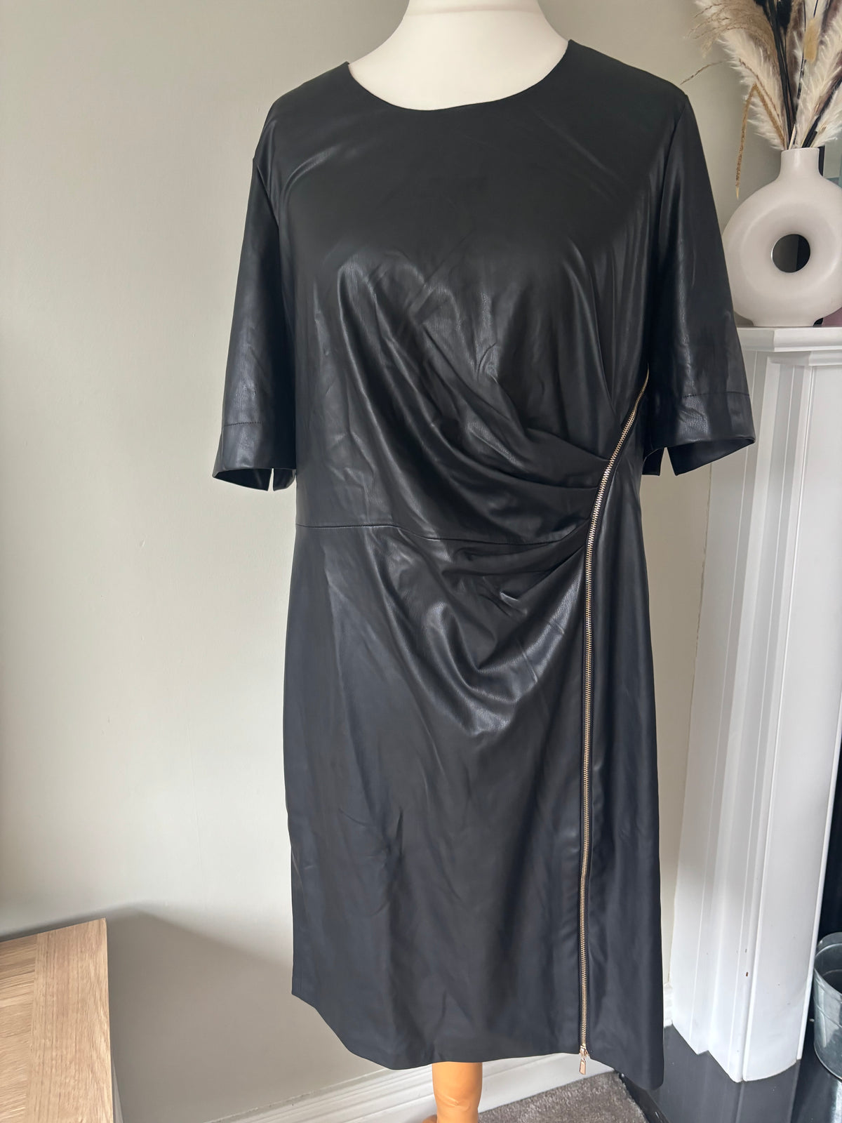 Black Faux Leather Zip Dress by Freemans size 20