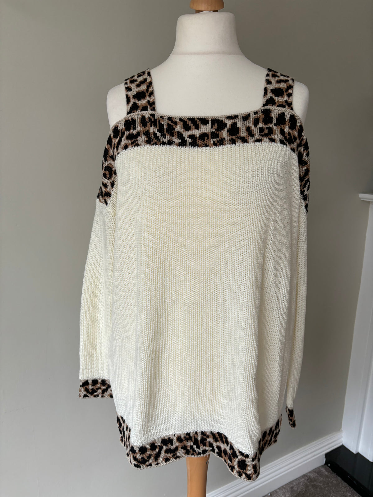 Cream leopard print detail jumper off shoulder by Bonprix Size 14