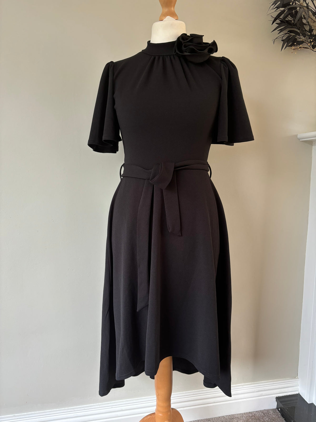 Black Dip Hem Flower Midi Dress Size 12 Quiz