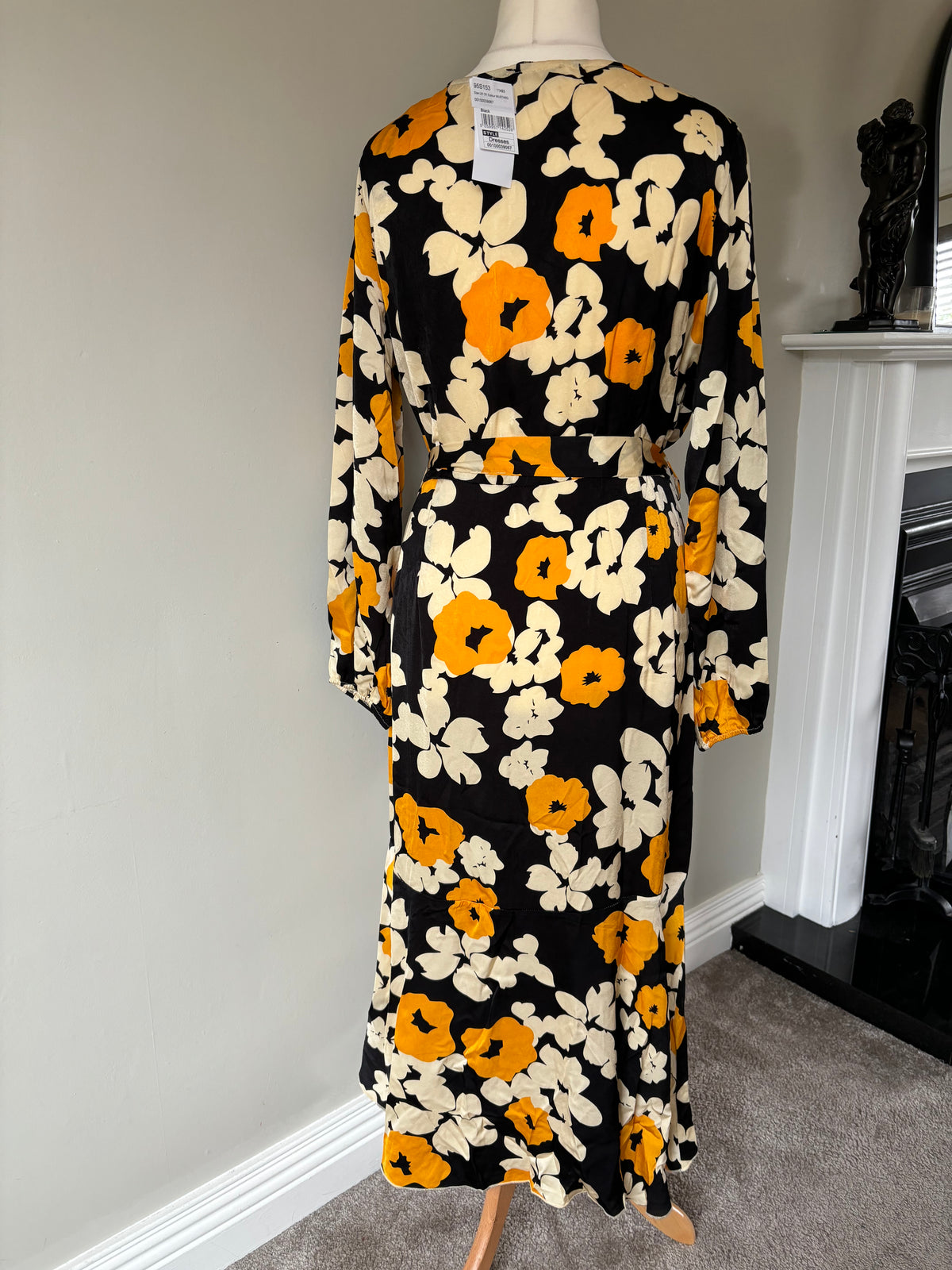 Mustard & Black Floral Long Sleeve Frill Hem Midi Dress by Quiz Size 18