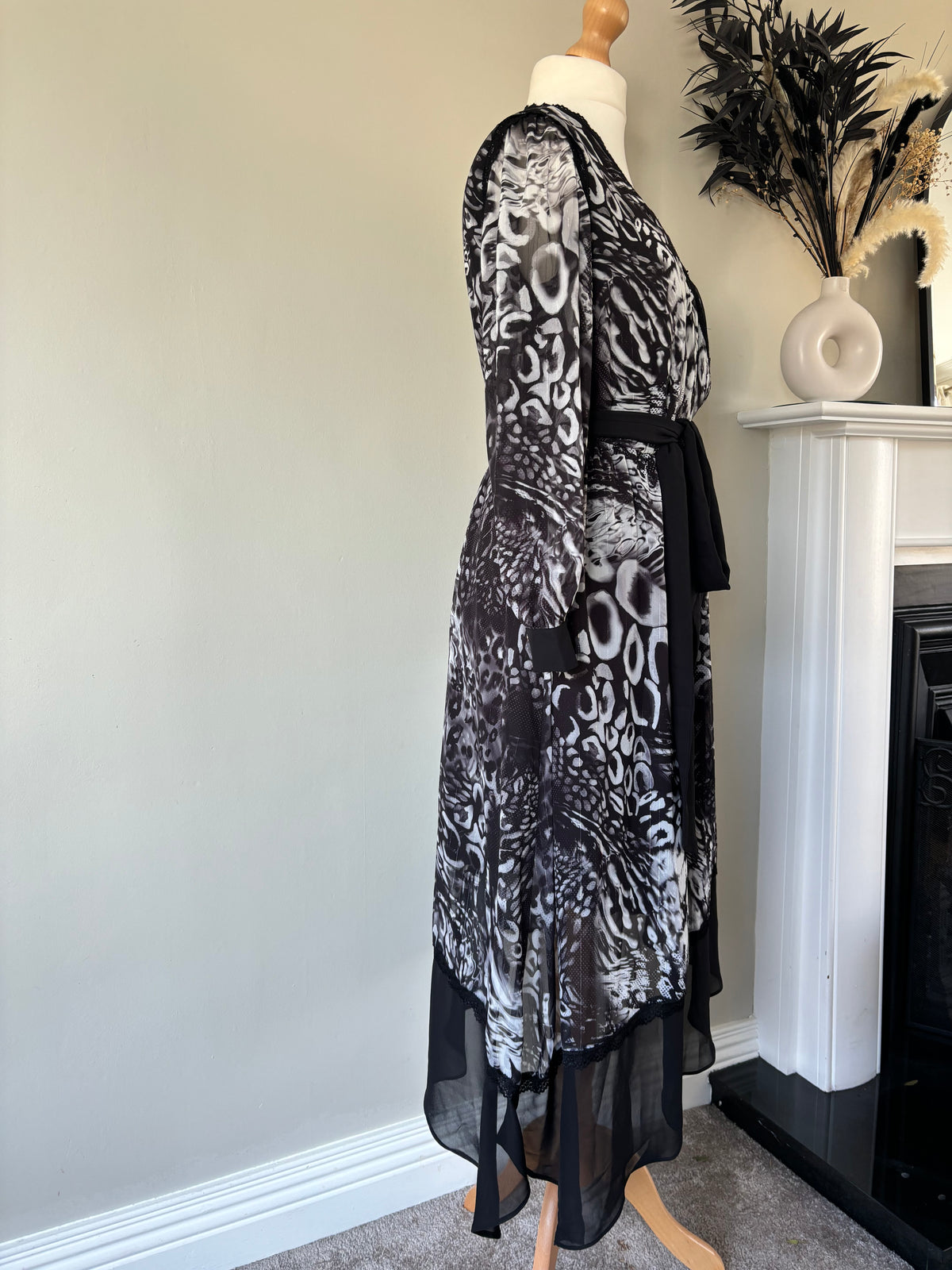 Mono Animal Print Mock Wrap Lace Trim Chiffon Dress by Kaleidoscope Size 14