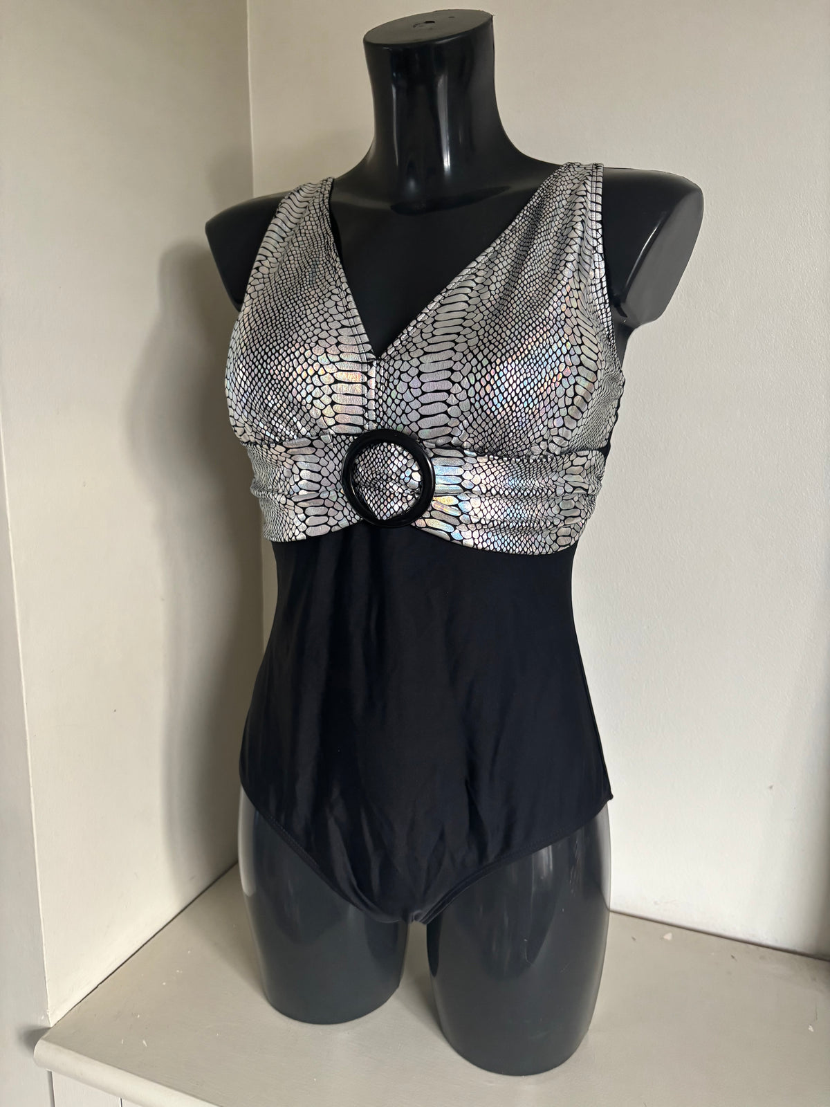 Black belted snake silver swimsuit by Freemans