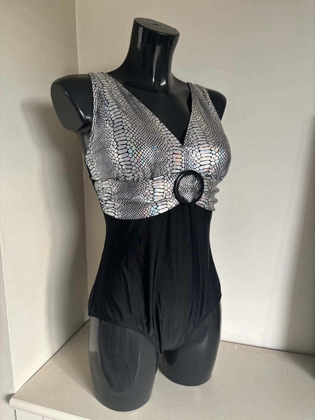 Black belted snake silver swimsuit by Freemans