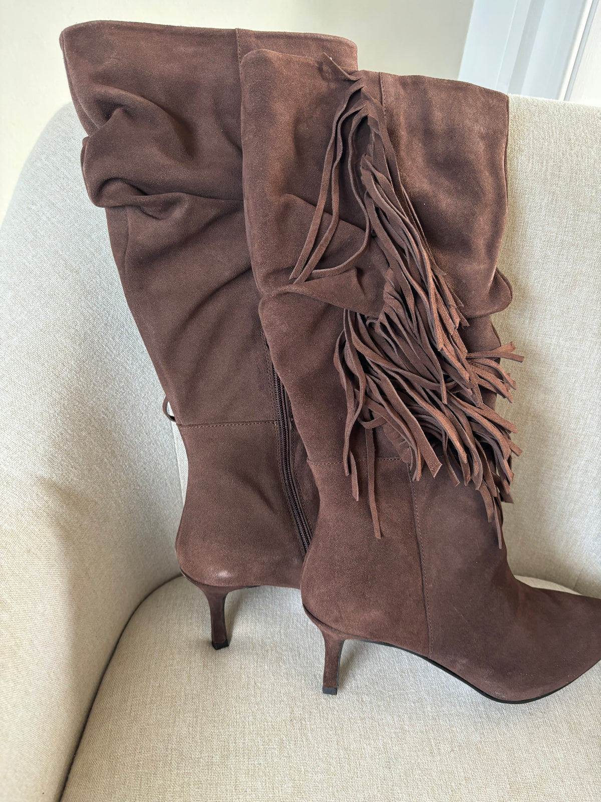 Chocolate Fringe Trim Suede Knee Boots by Together Size 7