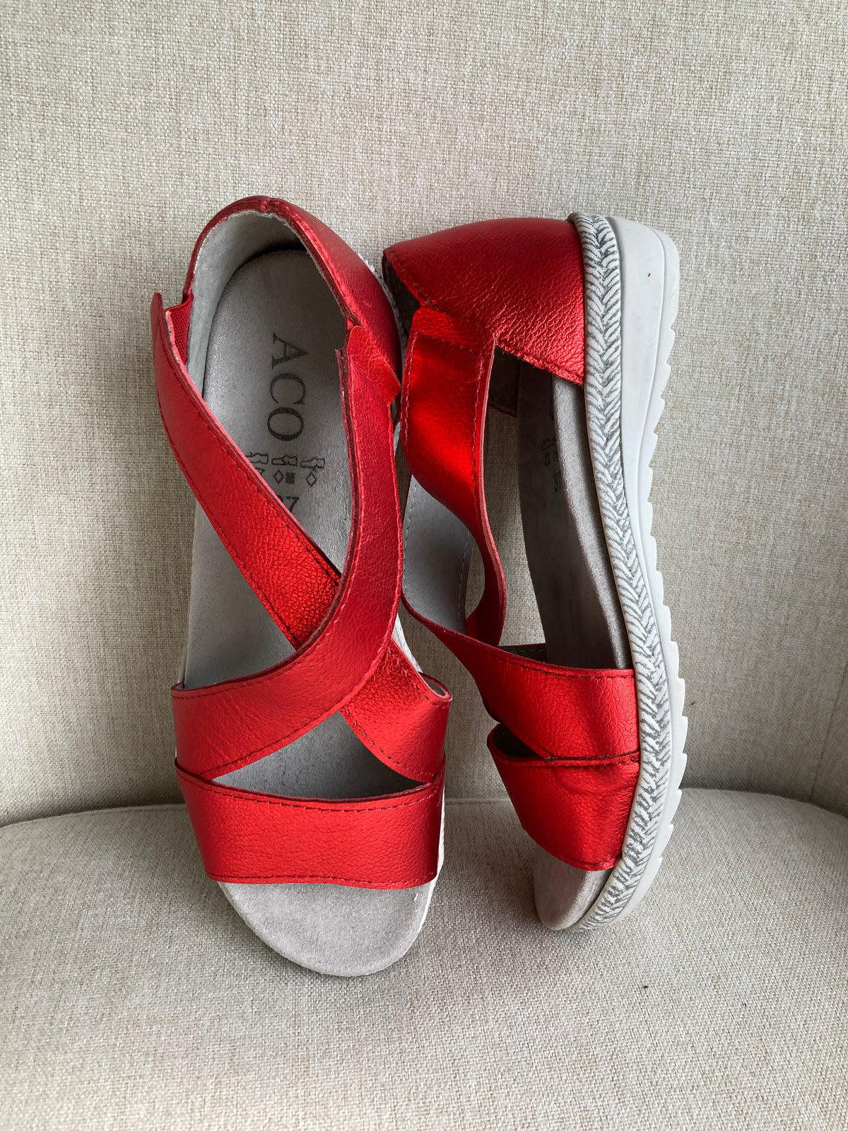 Red shimmery sandals by ACO